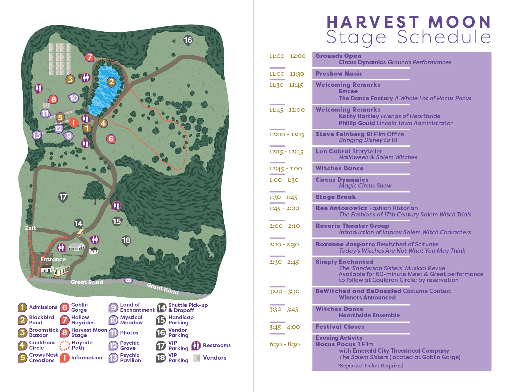 Design of a page in the BeWitched & BeDazzled fall festival program showing a map of the ground and the schedule