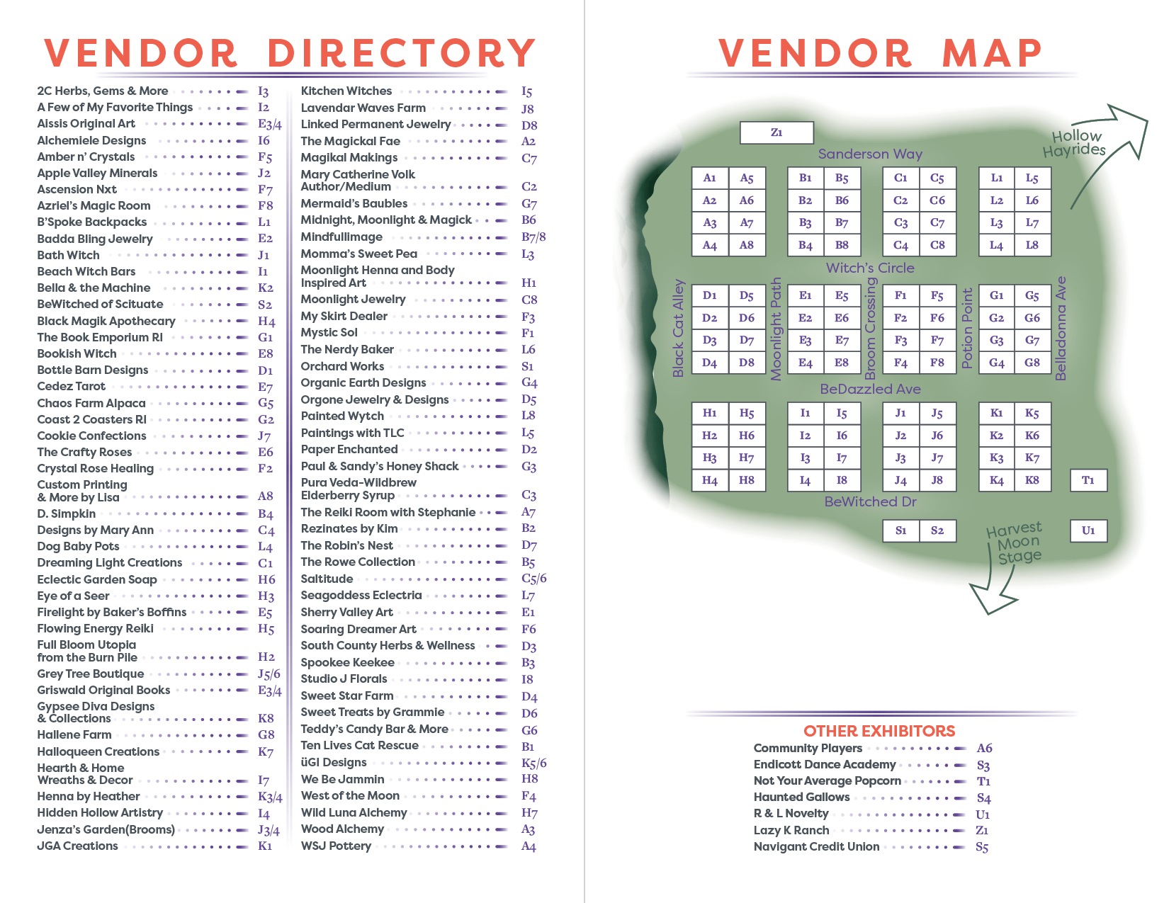 Design of a page in the BeWitched & BeDazzled fall festival program listing the festival vendors