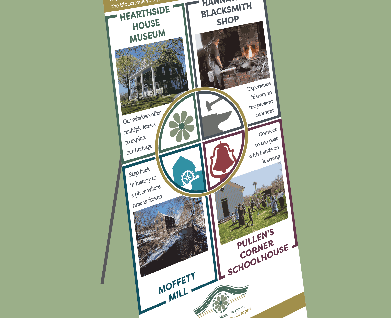 Mockedup Retractable banner highlighting the Great Road Heritage Campus and their properties