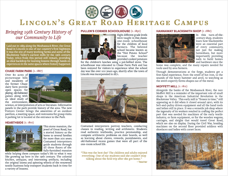 Trifold Pamphlet for the Great Road Heritage Campus, listing their programs and educational opportunities